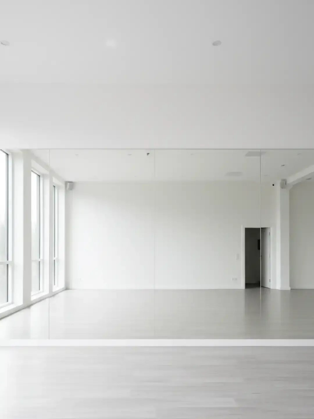 Wall-to-wall custom cut mirror installation with polished edges in a modern studio interior